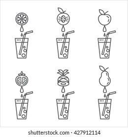 Set of icons juice. Natural fresh juices from fruits and vegetables. Healthy eating.