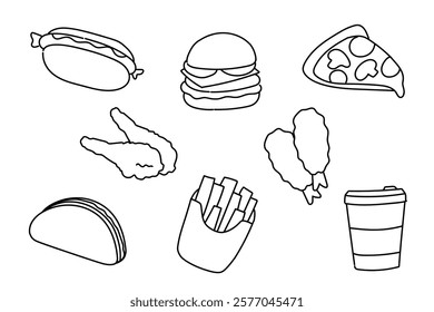 set of icons junk food hand drawn drawing elements vector illustrations for menu, cafe, business