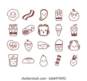 set of icons kawaii food , line style icon vector illustration design