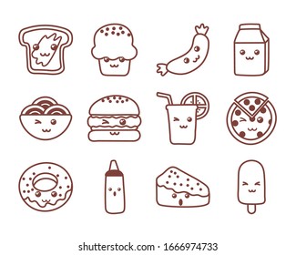 Set Icons Kawaii Food Line Style Stock Vector (Royalty Free) 1666974733 ...