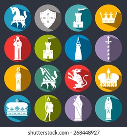 set of icons: king, queen, crown, soldier, castle, sword, dragon. horse shield