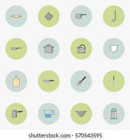 Set of icons of kitchen utensils in flat style. Simple vector round icons in two colors.
