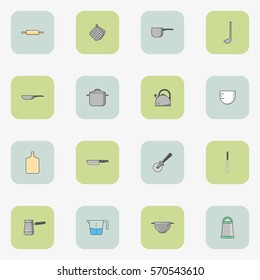 Set of icons of kitchen utensils in flat style. Vector square icons in two colors.
