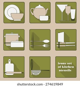 Set of icons of kitchen utensils in green tones