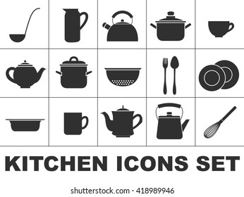 Set of icons of kitchen ware. Isolated images of dishes. Vector logo flat style.