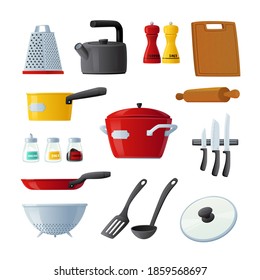 Set of Icons Kitchenware and Utensils Cooking Pan, Turner, Rolling Pin and Cutting Board, Kettle, Knives and Grater. Pepper and Salt Condiments Bottles with Colander. Cartoon Vector Illustration