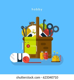 Set of icons. Knitting. Basket with accessories for knitting. Vector flat illustration.