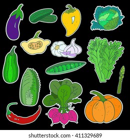 Set of icons or labels organic products . Conceptual illustration with vegetables . Background about healthy food in . Top-down view