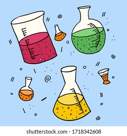 Set of icons with laboratory flasks and bottles of different colors, in cute cartoon style. 