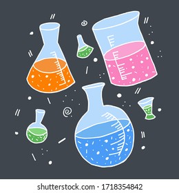 Set of icons with laboratory flasks and bottles of different colors, in cute cartoon style on a dark background. Day of chemistry, metrology, science. Vector illustration.
