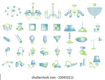 Set of icons. Lamps, lighting fixtures, switches. 