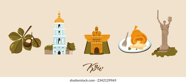 A set of icons of landmarks and symbols of Kyiv, Ukraine. Motherland monument, St. Sophia's Cathedral, Golden Gate, Kiev-style cutlet, chestnut. Hand drawn vector illustration

