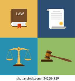 Set Icons Law And Justice.  Scales Of Justice, Gavel, Book And Legal Documents. Vector Illustration Flat Design.