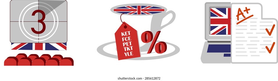 Set of icons. Learning English. English courses. The international exam. Stylized tea cup coffee sale Discount season Cinema hall Online Distance Learning