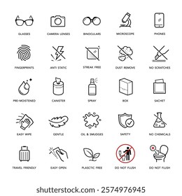 Set icons for lens cleaning products. Suitable for eyeglasses, camera lens, and other optical devices. The outline icons are well scalable and editable. EPS10.