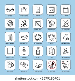 Set icons for lens cleaning products. Suitable for eyeglasses, camera lens, and other optical devices. The outline icons are well scalable and editable. EPS10.