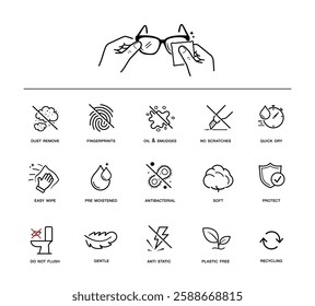 Set icons for lens cleaning wet wipes. Suitable for eyeglasses, camera lens, and other optical devices. The outline icons are well scalable and editable. EPS10.	