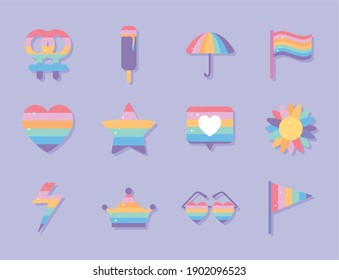 set of icons with lgbtq pride colors on a purple background vector illustration design