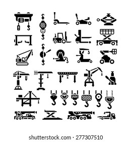 Set icons of lifting equipments, cranes, winches and hooks isolated on white. Vector illustration