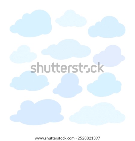 A set of icons of light blue clouds isolated on a white background hand-drawn, vector, doodle. Decorative element for design with text, decoration, weather forecast, climate. Airy, fluffy cumulus 