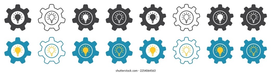 Set of icons light bulb with gear. Cogwheel and light bulb, gear with light bulb inside. Solution, idea, innovation. Electric lamp with gear wheels, business concept.