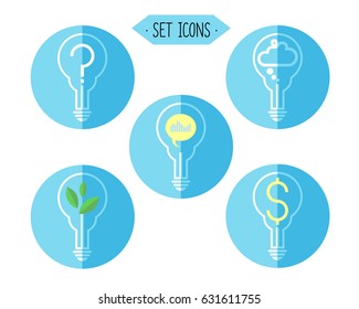 Set icons. Light bulb idea. Round icon with blue background.