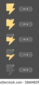 A set of icons of lightning, energy, force, power, filling the vessels with liquid. Elements for application graphics and game design, GUI. Set of status, progress icons. Filling the player's progress