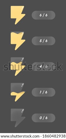 A set of icons of lightning, energy, force, power, filling the vessels with liquid. Elements for application graphics and game design, GUI. Set of status, progress icons. Filling the player's progress