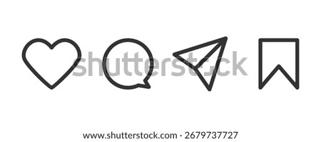 Set of icons like comment, share, save, like media button. Outline icon heart arrow direct message interface