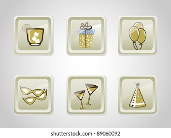 A set of icons like gift box, balloons, party mask, party cap, wine glasses in light green color for party, Christmas, New year & other events.