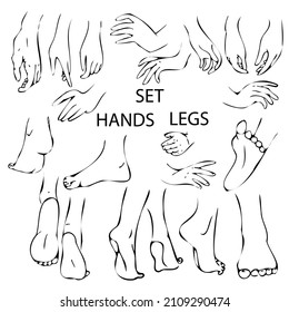 Set of icons linart hands feet black and white linear illustration,female hands ,male children's hands ,people's feet.