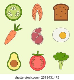 set of icons in line out style, healthy food.
