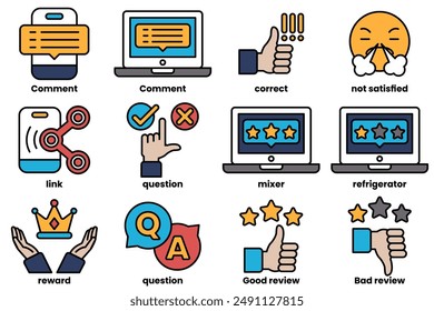 Un conjunto de iconos en estilo de línea en el concepto Sobre el negocio y las opiniones