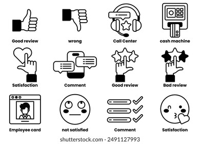 Un conjunto de iconos en estilo de línea en el concepto Sobre el negocio y las opiniones