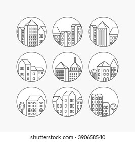 Set of icons of linear buildings.  Business Skyscrapers poster design vector template. Line Art City Life Commercial Properties  outline real estate concept.  cityscape banner idea. 