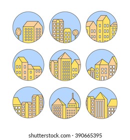 Set of icons of linear buildings.  Business Skyscrapers poster design vector template. Line Art City Life Commercial Properties  outline real estate concept.  cityscape banner idea. 