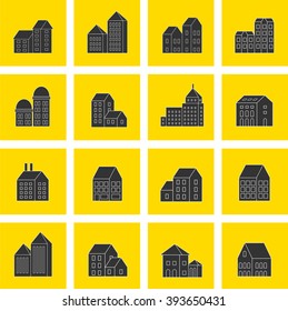 Set of icons of linear buildings.  Business Skyscrapers poster design vector template. Line Art City Life Commercial Properties  outline real estate concept.  cityscape banner idea.
