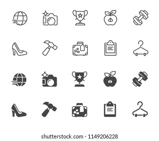 Set of icons in linear and glyph designs. Healthy lifestyle, sports, tourism, business theme. Outline and black flat labels for infographics, buttons, interfaces. Vector illustration isolated