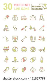 Set of icons in linear style on the subject of pregnancy and childbirth. Collection of silhouettes of people and attributes on the subject of childbearing.