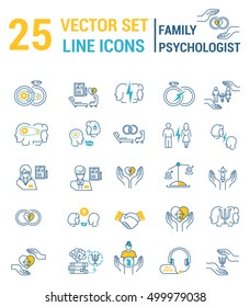 Set of icons in linear style on the subject of family psychological process.
