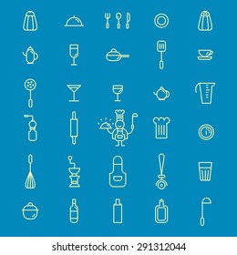 Set of icons in the lines on the subject of cooking with the chef