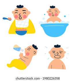 Set of icons of little babies. Feeding with spoon, baby crying, washing in bath. Vector illustrations on white background.