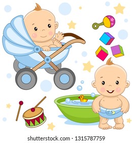 A set of icons for little kids boys for children and design, a baby in a stroller, a baby stands near the bathroom and wants to wash, a drum, cubes and a rattle.