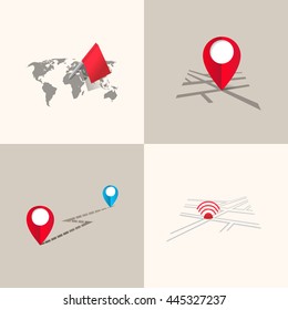 Set of icons location with pin, map and flag.