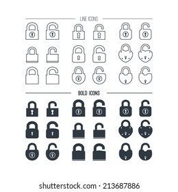 Set of Icons the lock. A thin line icons and bold icons. Open and closed, black silhouette on a white background