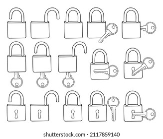 Set of icons locks keys. Internet security. Web data protection symbols. Closed and open lock. Infographic pictogram. Hand drawn vector illustration line art. Isolated simple doodle element.