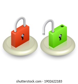 Set of icons of locks on a button.Open and closed.Internet concept.Isometry.3D.Vector illustration in a flat style.