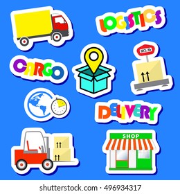 Set of icons logistics on a blue background.  Icons logistics in color.  Stock vector. Flat design.