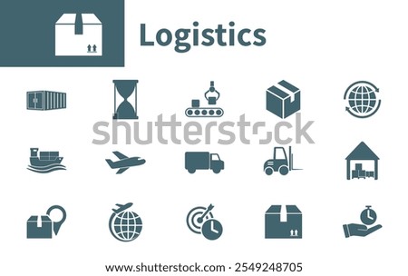 Set of icons for logistics, supply chain management, freight forwarding, warehouse management, time management, automation lines. Solid vector icons.