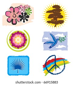 Set of Icons for Logo Design - Nature, Lotus Flower and Peace Signs, Rainbow Colors